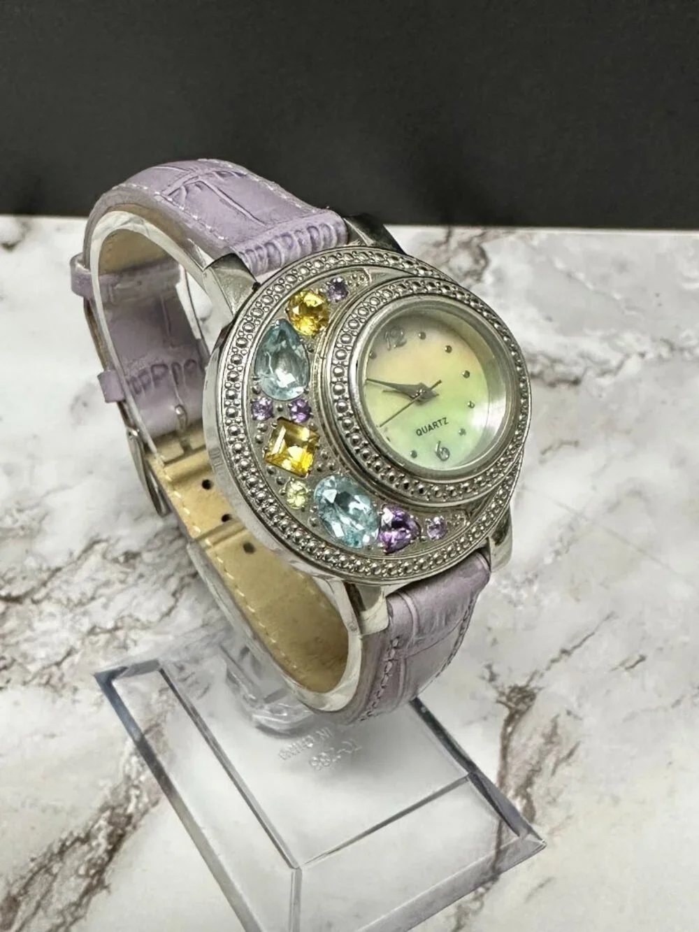 Rhinestone Watch Women Silver Tone Mother of Pearl Dial Leather Band New Battery